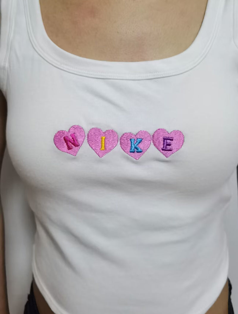 Embroidered Heart N!KE Padded Crop Tank Top 5 Trendy Colors